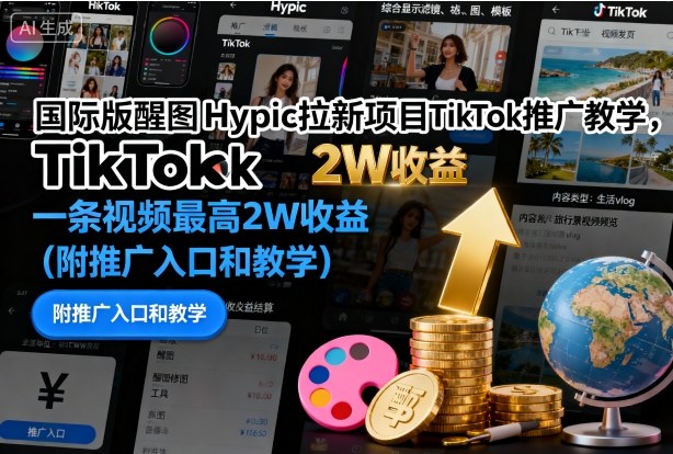国际版醒图Hypic拉新项目TikTok推广教学,一条视频最高2W收益(附推广入口和教学)-淘金日记