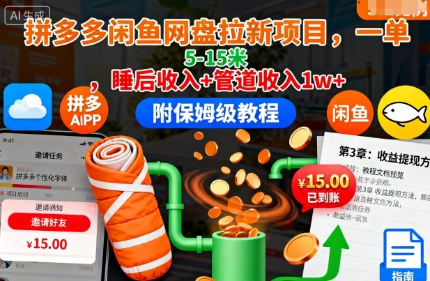 拼多多闲鱼网盘拉新项目,一单5-15米,睡后收入+管道收入1w+(附保姆级教程)-淘金日记