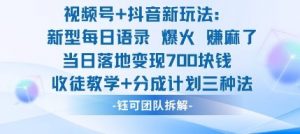 视频号加抖音新玩法：爆火新型每日语录，收徒教学加分成计划，三种变现玩法，当日变现7张-淘金日记