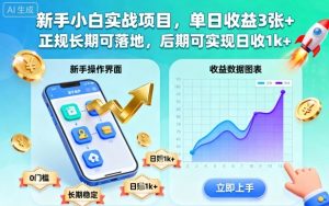 新手小白实战项目，单日收益3张+，正规长期可落地，后期可实现日收1k+【揭秘】-淘金日记