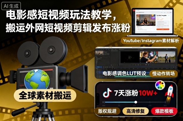电影感短视频玩法教学，搬运外网短视频剪辑发布涨粉-淘金日记