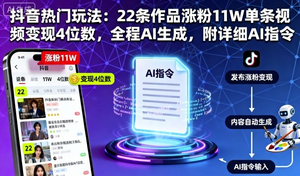 抖音热门玩法：22条作品涨粉11W单条视频变现4位数，全程AI生成，附详细AI指令-淘金日记