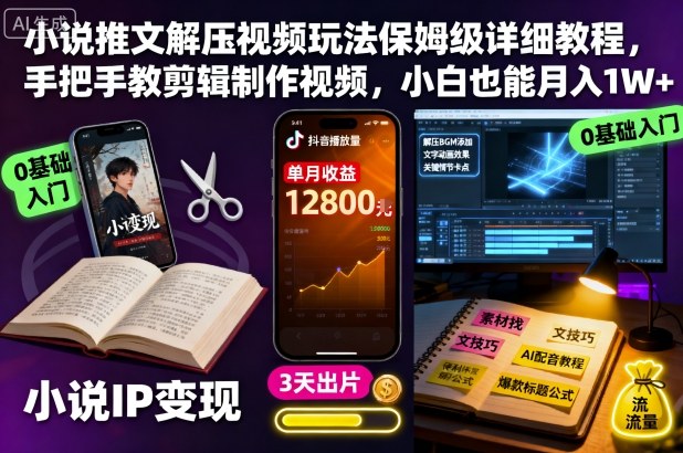小说推文解压视频玩法保姆级详细教程,手把手教剪辑制作视频,小白也能月入1W+-淘金日记