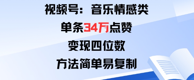 视频号分成计划新玩法：音乐情感类单条34W点赞，变现四位数，方法简单易复制-淘金日记