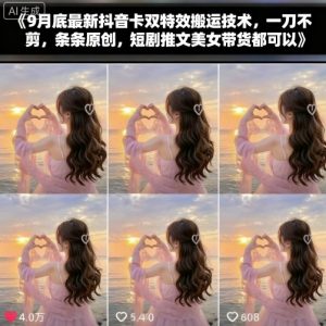 9月底最新抖音卡双特效搬运技术,一刀不剪,条条原创,短剧推文美女带货都可以-淘金日记