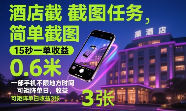 酒店截图任务,简单截图,15秒一单收益0.6米,一部手机不限地方时间,可矩阵单日收益3张【揭秘】-淘金日记