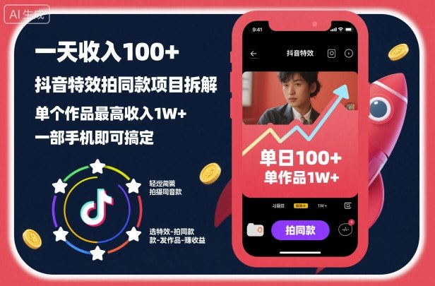 一天收入100+,抖音特效拍同款项目拆解,单个作品最高收入1W+,一部手机即可搞定-淘金日记