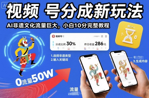 视频号分成新玩法,AI非遗文化流量巨大,小白10分钟搞定,完整教程-淘金日记