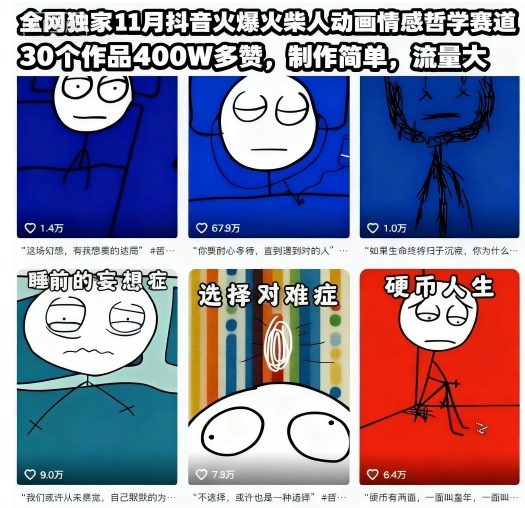 全网独家11月抖音火爆火柴人动画情感哲学赛道，30个作品400W多赞，制作简单，流量大【教学+素材】-淘金日记