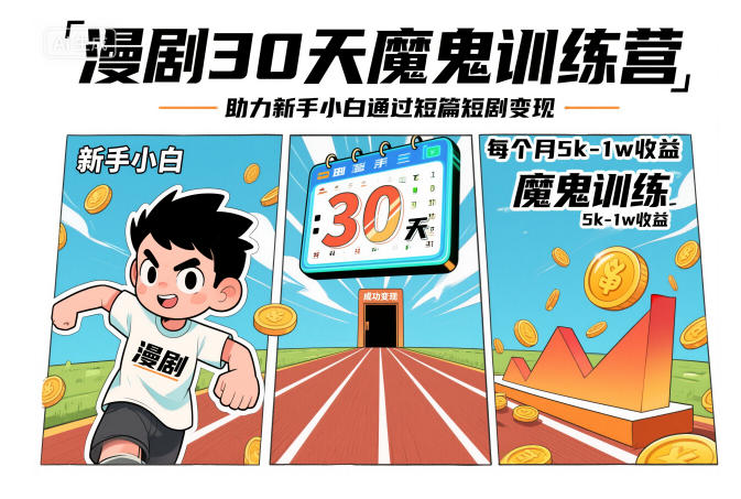 漫剧30天魔鬼训练营，助力新手小白通过短篇短剧变现，每个月5k-1w收益-淘金日记
