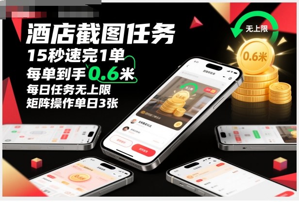 酒店截图任务,15秒速完1单,每单到手0.6米,每日任务无上限,全网首发玩法,矩阵操作单日3张【揭秘】-淘金日记