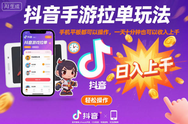 抖音手游拉单玩法,手机平板都可以操作,一天十分钟也可以收入上K【揭秘】-淘金日记