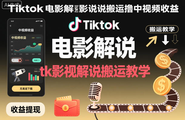 Tiktok电影解说搬运撸中视频收益，tk影视解说搬运教学-淘金日记