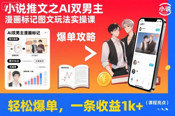 小说推文之AI双男主漫画标记图文玩法实操课,轻松爆单,一条收益1k+-淘金日记