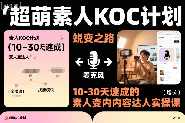超萌素人KOC计划,10-30天速成的素人变内容达人实操课,适合想做短剧小说推文电商推广的素人入局-淘金日记