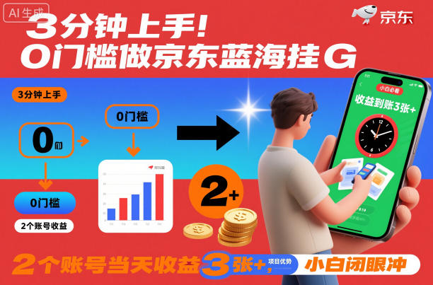 3分钟上手！0门槛做京东蓝海全自动掘金，2个账号当天收益3张+，小白闭眼冲【揭秘】-淘金日记