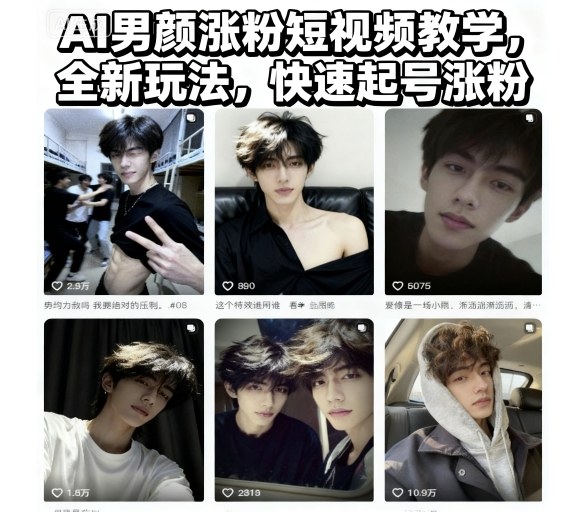 AI男颜涨粉短视频教学，全新玩法，快速起号涨粉-淘金日记