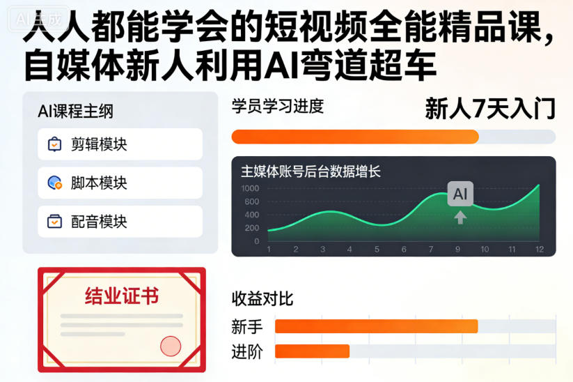 人人都能学会的短视频全能精品课,自媒体新人利用AI弯道超车-淘金日记