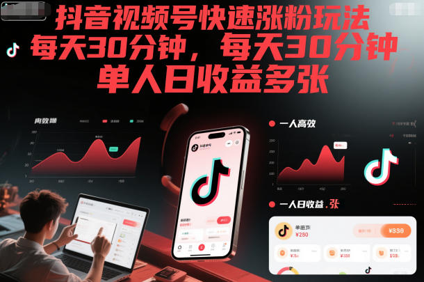 抖音视频号快速涨粉玩法，每天30分钟，单人日收益多张-淘金日记