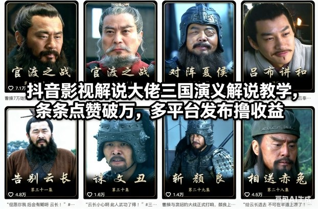 抖音影视解说大佬三国演义解说教学，条条点赞破万，多平台发布撸收益-淘金日记