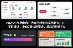 2025小红书电商开店卖货精细化实战教学2.0,不讲废话,小白7天快速学会,单店月利润2W-淘金日记