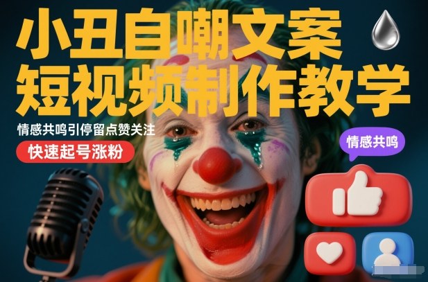 小丑自嘲文案短视频制作教学,情感共鸣引停留点赞关注,快速起号涨粉-淘金日记