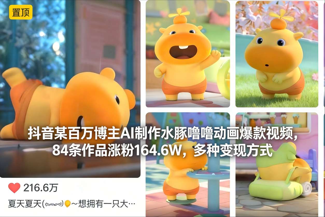 抖音某百万博主AI制作水豚噜噜动画爆款视频，84条作品涨粉164.6W，多种变现方式-淘金日记