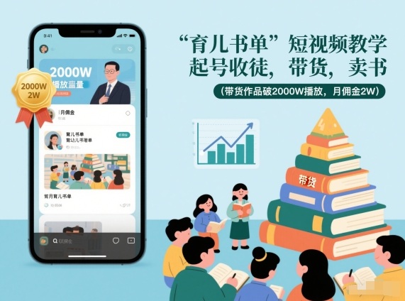 育儿书单短视频教学,起号收徒,带货,卖书(带货作品破2000W播放,月佣金2W)-淘金日记