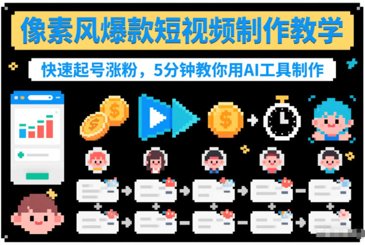 像素风爆款短视频制作教学，快速起号涨粉，5分钟教你用AI工具制作-淘金日记