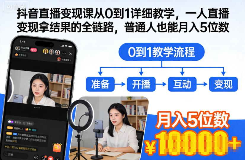 抖音直播变现课从0到1详细教学，一人直播变现拿结果的全链路，普通人也能月入5位数-淘金日记