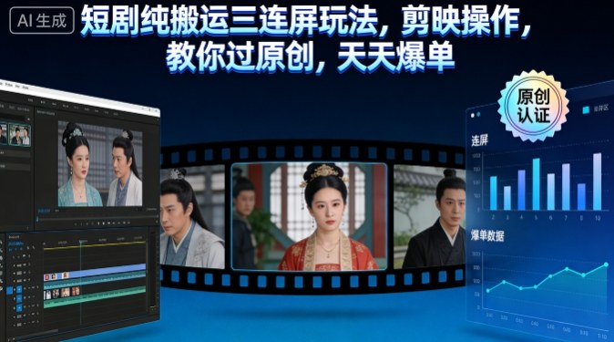 短剧纯搬运三连屏玩法，剪映操作，教你过原创，天天爆单-淘金日记