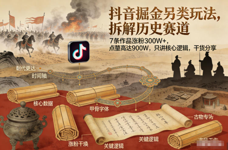 抖音掘金另类玩法，拆解历史赛道，7条作品涨粉300W+，点赞量高达900W，只讲核心逻辑，干货分享-淘金日记