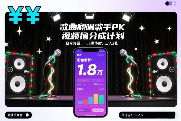歌曲翻唱歌手PK视频撸分成计划，自带流量，一天两小时，日入2张-淘金日记