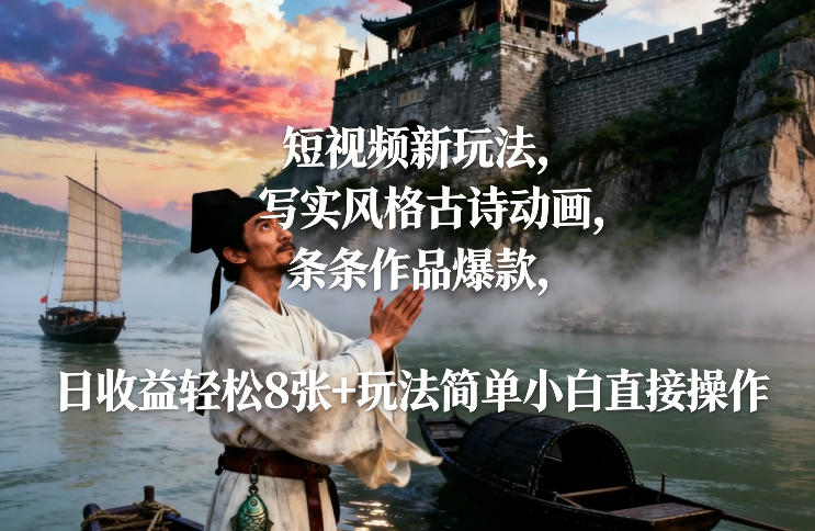 短视频新玩法,写实风格古诗动画,条条作品爆款,日收益轻松8张+玩法简单小白直接操作-淘金日记