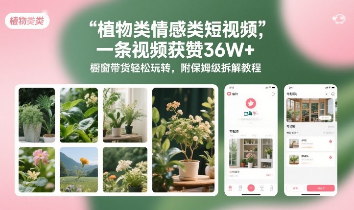 植物类情感类短视频，一条视频获赞36W+，橱窗带货轻松玩转，附保姆级拆解教程-淘金日记