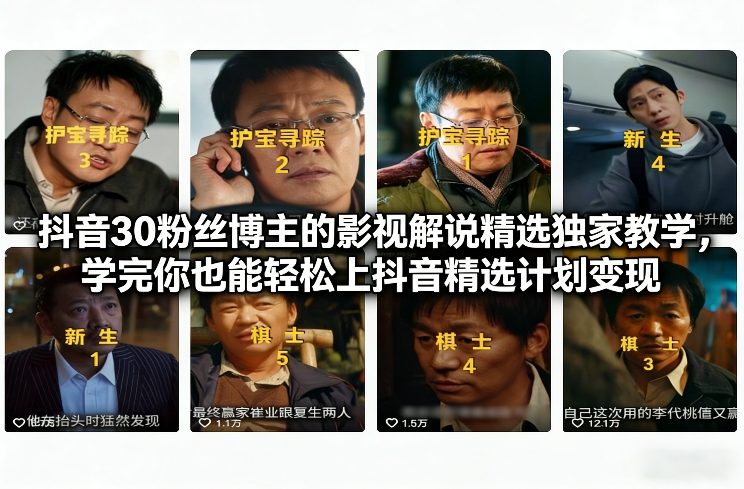 抖音30万粉丝博主的影视解说精选独家教学,学完你也能轻松上抖音精选计划变现-淘金日记