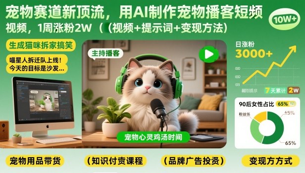宠物赛道新顶流，用AI制作宠物播客短视频，1周涨粉2W（视频+提示词+变现方法）-淘金日记