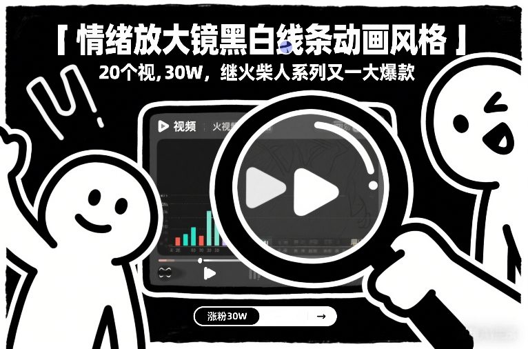 情绪放大镜黑白线条动画风格,20个视频,涨粉30W,继火柴人系列又一大爆款-淘金日记