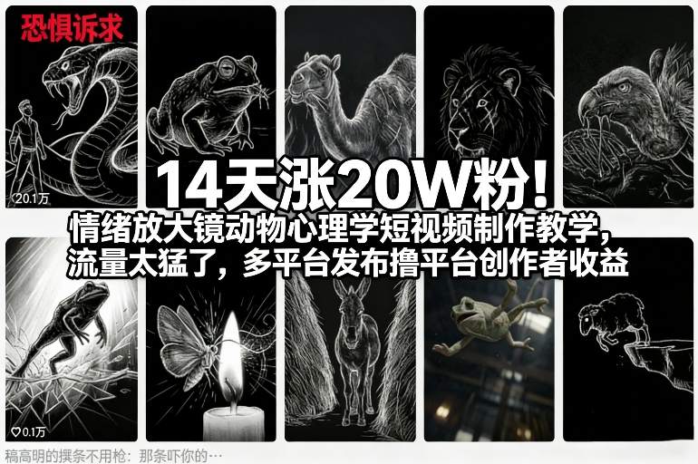 14天涨20W粉!情绪放大镜动物心理学短视频制作教学,流量太猛了,多平台发布撸平台创作者收益-淘金日记