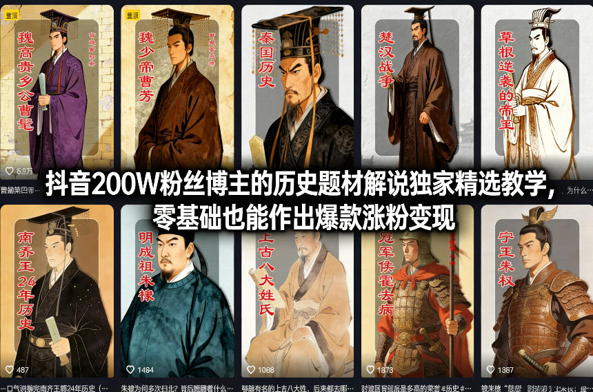 抖音200W粉丝博主的历史题材解说独家精选教学，零基础也能作出爆款涨粉变现-淘金日记