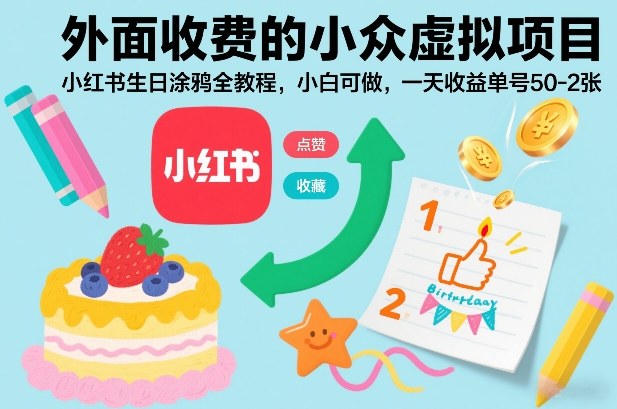 外面收费的小众虚拟项目，小红书生日涂鸦全教程，小白可做，一天收益单号50-2张-淘金日记