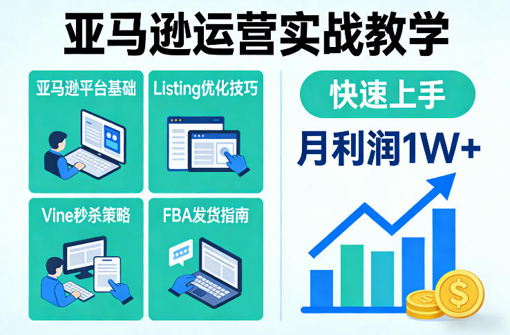 亚马逊运营实战教学,亚马逊平台+Listing优化+Vine秒杀+FBA发货等,快速上手,实现店铺月利润1W-淘金日记