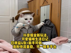 抖音掘金新玩法,可爱猫咪生活日记,日收益4张+新手可做,涨粉快流量稳,可一稿多平台-淘金日记