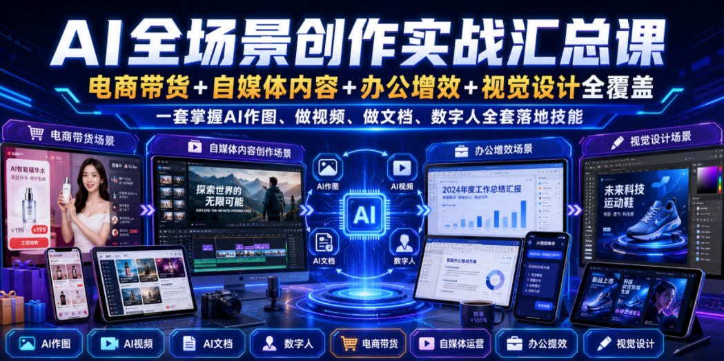 AI全场景创作实战汇总课｜电商带货+自媒体内容+办公增效+视觉设计全覆盖，一套掌握AI作图、做视频、做文档、数字人全套落地技能-淘金日记