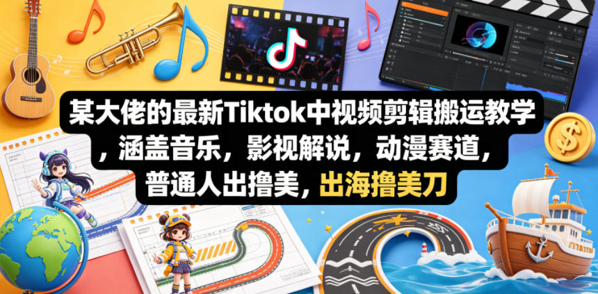 某大佬的最新Tiktok中视频剪辑搬运教学，涵盖音乐，影视解说，动漫赛道，普通人出海撸美刀-淘金日记