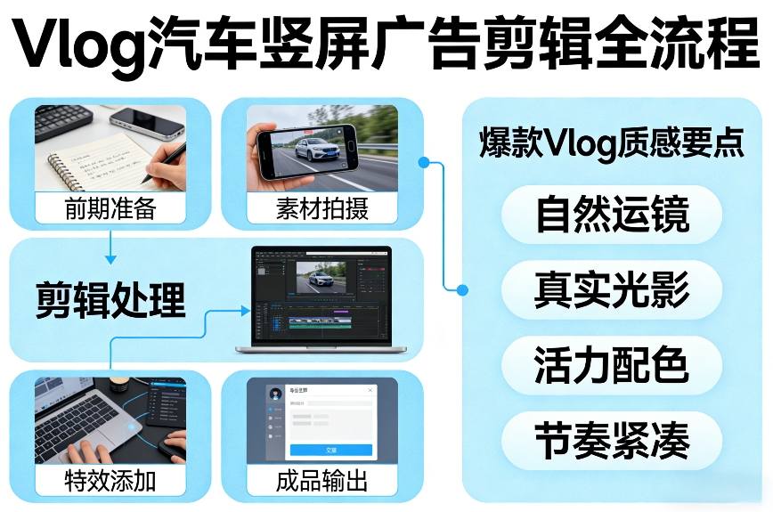 Vlog感觉汽车竖屏广告剪辑脚本全流程，拿捏爆款Vlog质感-淘金日记