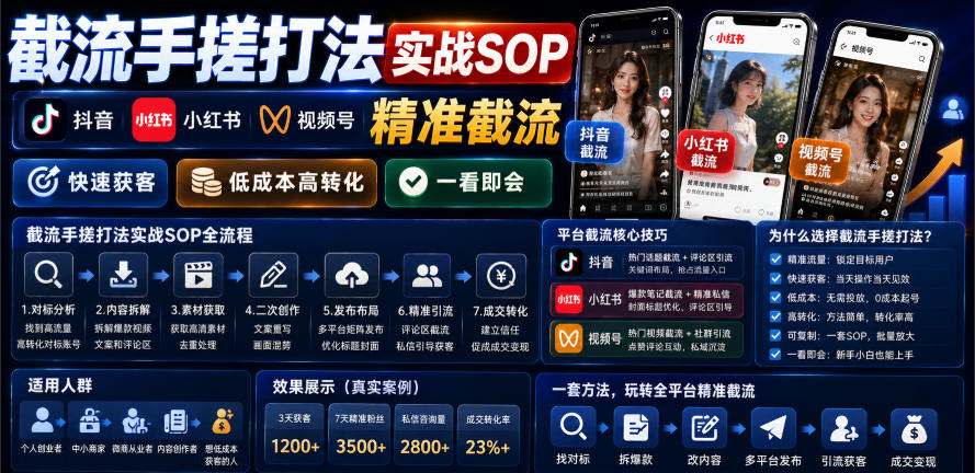 截流手搓打法实战SOP，抖音小红书视频号精准截流，快速获客，低成本高转化，一看即会-淘金日记