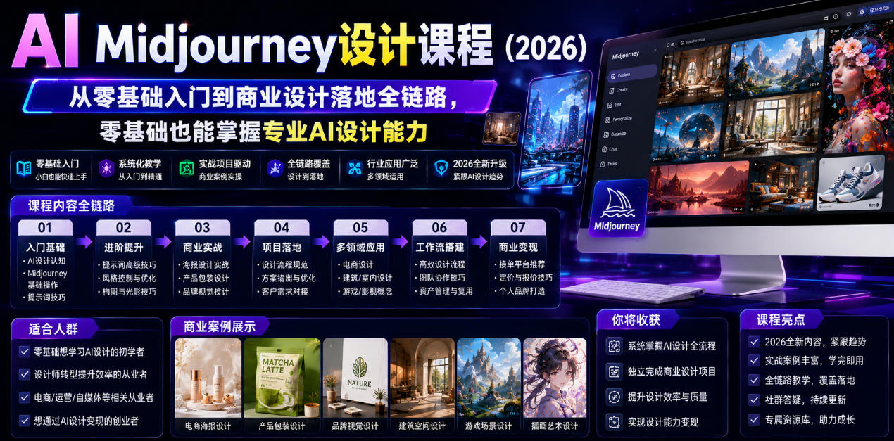 AI Midjourney设计课程（2026），从零基础入门到商业设计落地全链路，零基础也能掌握专业AI设计能力-淘金日记