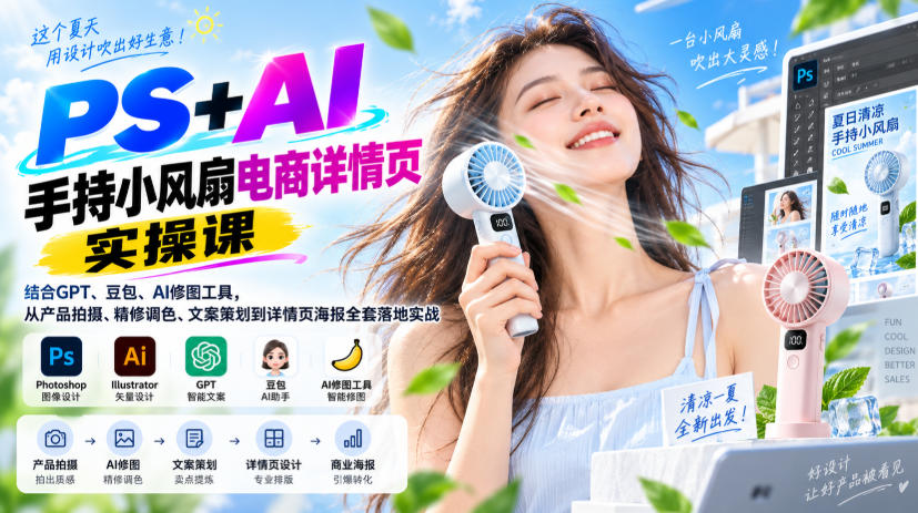 PS+AI手持小风扇电商详情页实操课｜结合GPT、豆包、AI修图工具，从产品拍摄、精修调色、文案策划到详情页海报全套落地实战-淘金日记