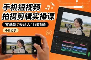 手机短视频拍摄剪辑实操课,零基础7天从入门到精通,小白必学-淘金日记